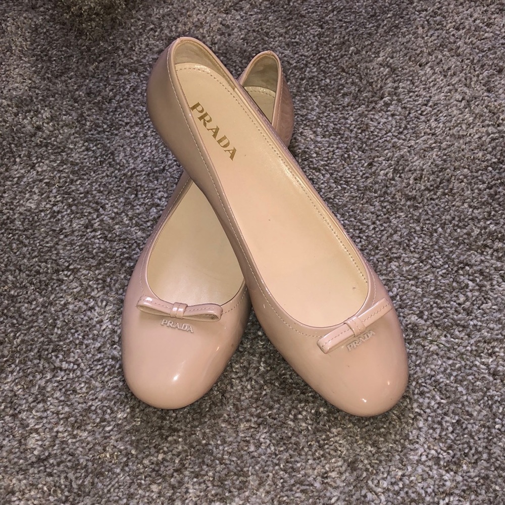 Prada Tan Nude Patent Leather Bow Ballerina Flats
